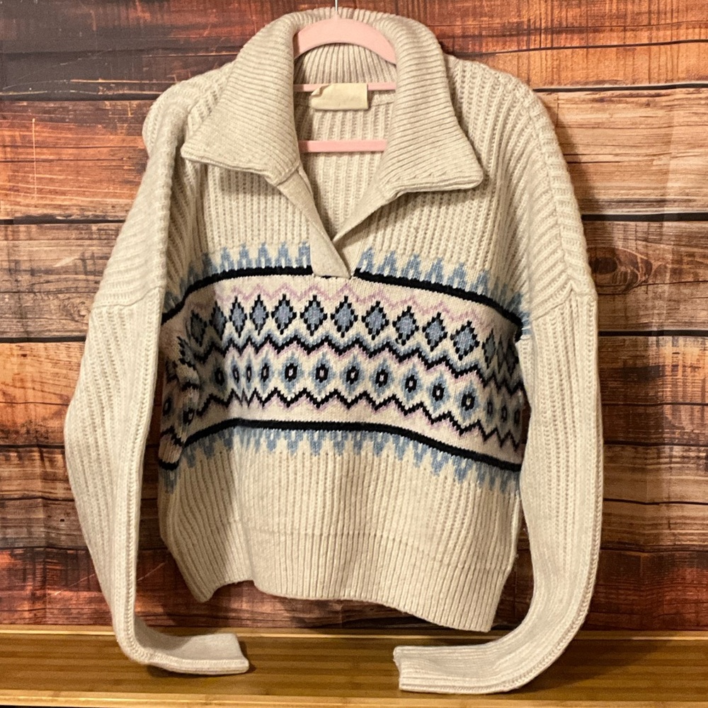 Women's Patterned Sweater - Cream and Blue